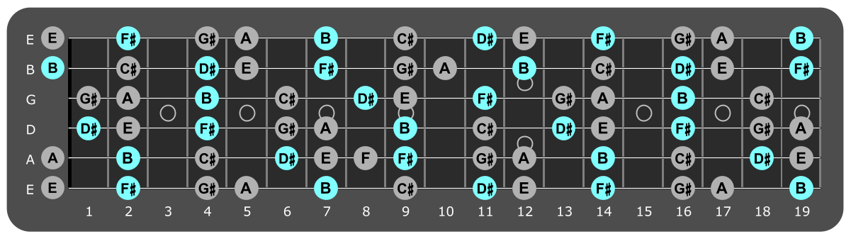 Fretboard diagram showing B major chord tones